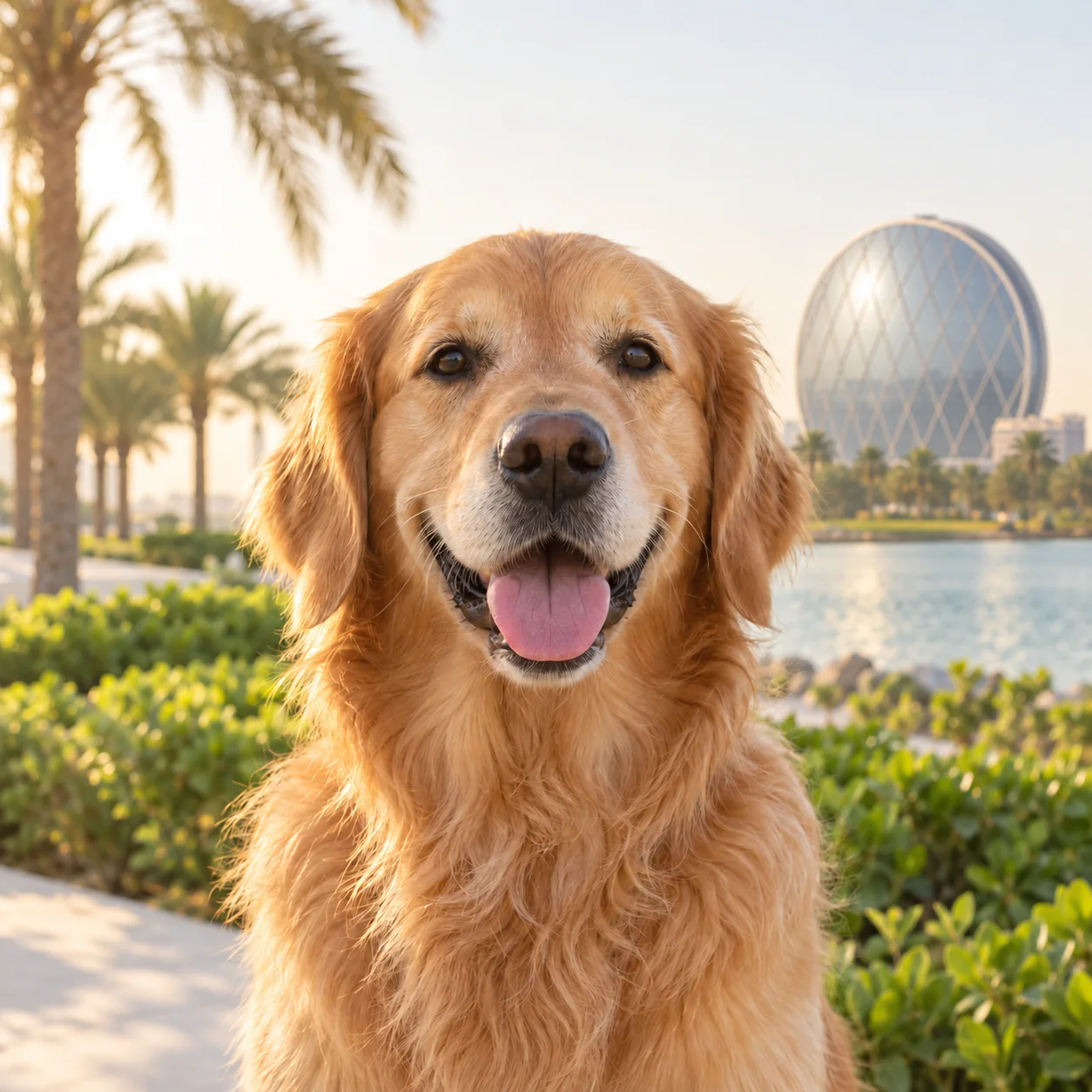 Golden retriever with the circular Aldar building in Abu Dhabi behind it